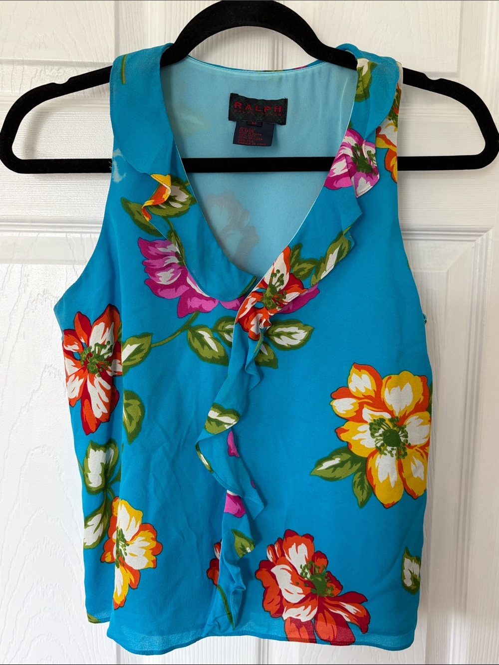 Ralph Lauren Turquoise Floral Ruffle V-Neck Camisole 100% silk